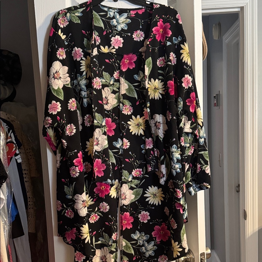 Black Floral Kimono Cardigan with Pink & Cream Blooms